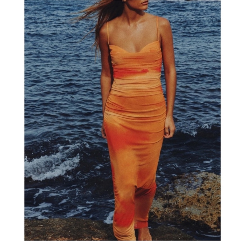 Zara NWT orange tie dye printed mesh tulle draped corset midi dress